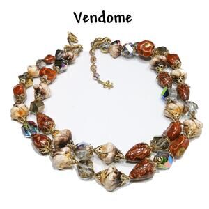Vintage Vendome Beaded Necklace Brown Art Glass AB Crystals 1950s Signed
